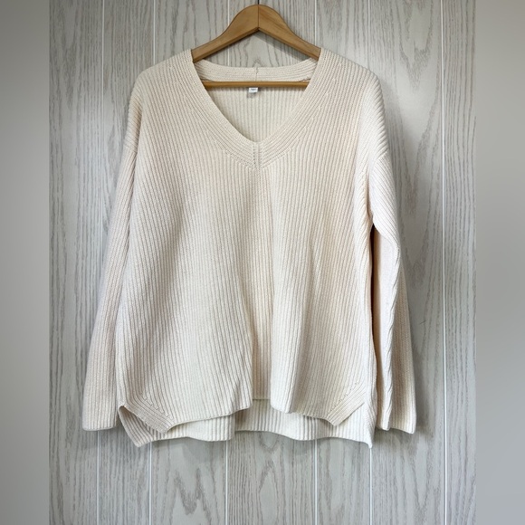 J Jill Sweater V Neck Chunky Knit  Cream Boho Neutral Coastal Size L LNC - Picture 1 of 3